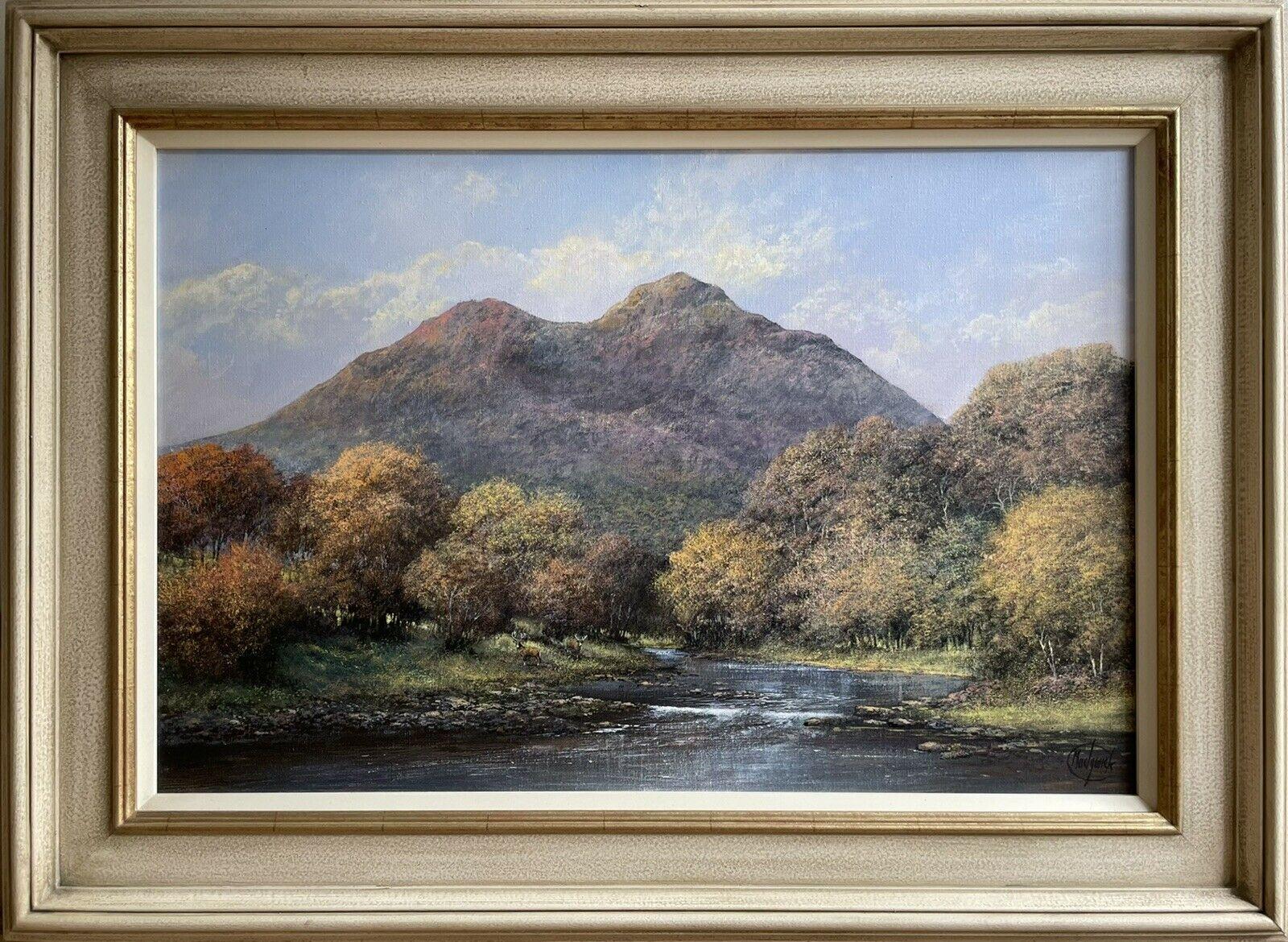 Clive Madgwick Interior Painting - CLIVE MADGWICK (1934-2005) SIGNED OIL - STAGS SCOTTISH HIGHLAND RIVER LANDSCAPE