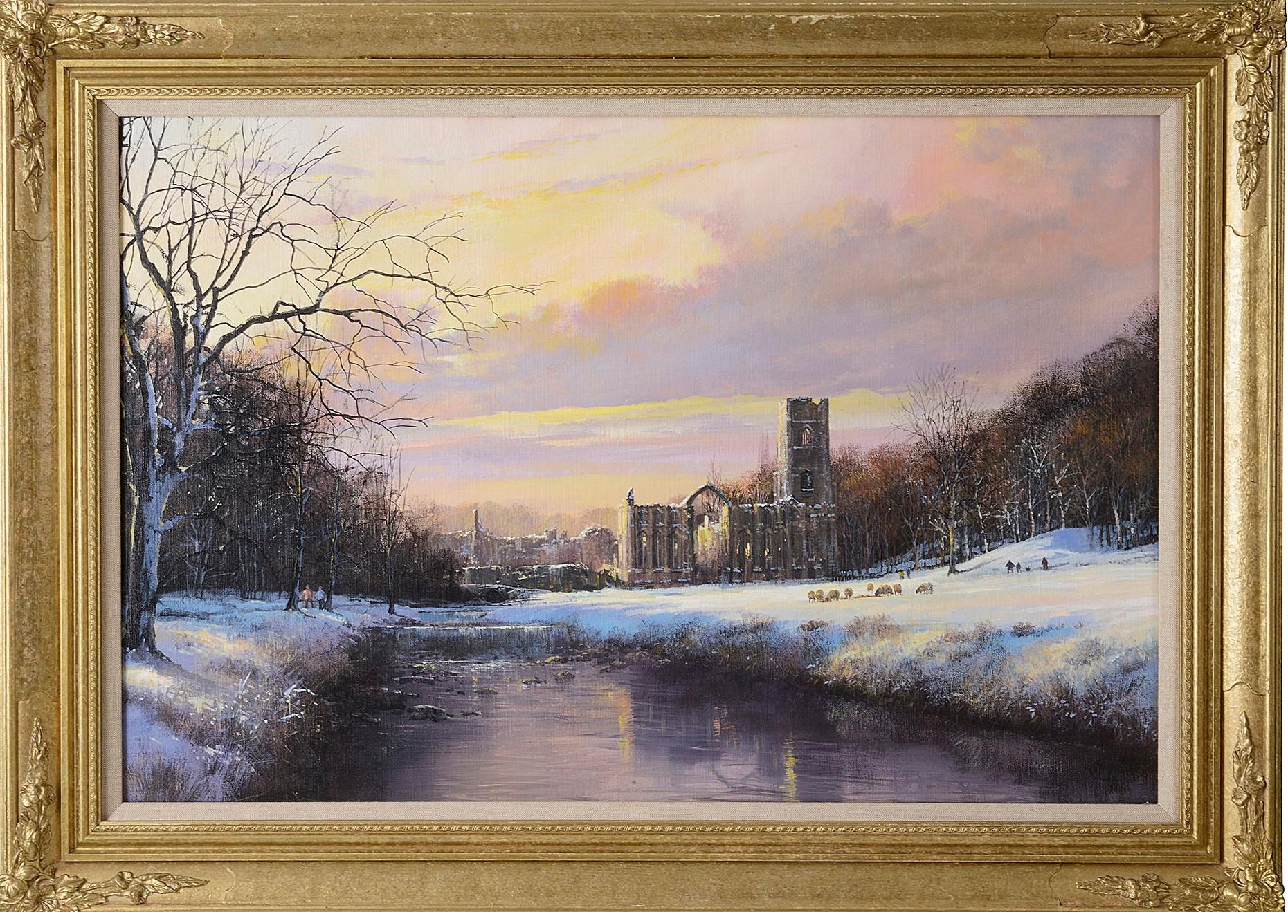  Fountains Abbey yorkshire winter oil scene clive madgwick - Painting by Clive Madgwick