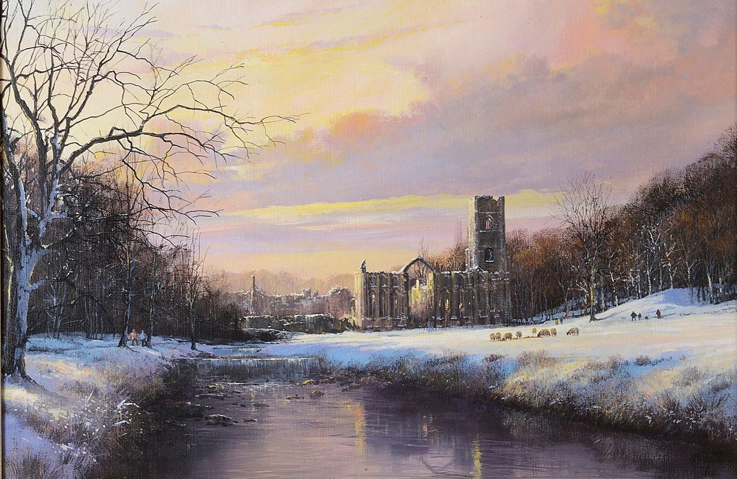  Fountains Abbey yorkshire winter oil scene clive madgwick - English School Painting by Clive Madgwick