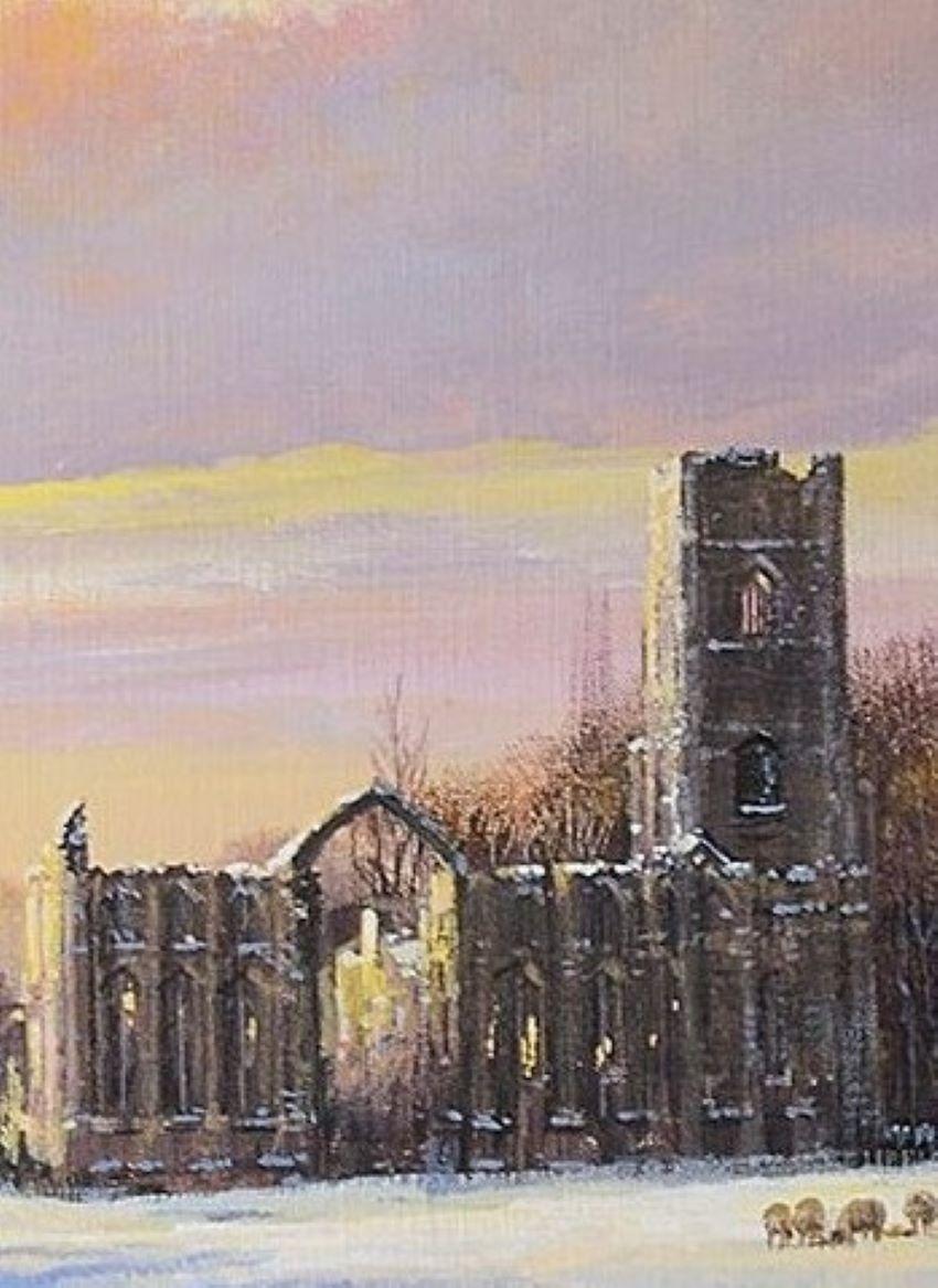  Fountains Abbey yorkshire winter oil scene clive madgwick - Brown Landscape Painting by Clive Madgwick