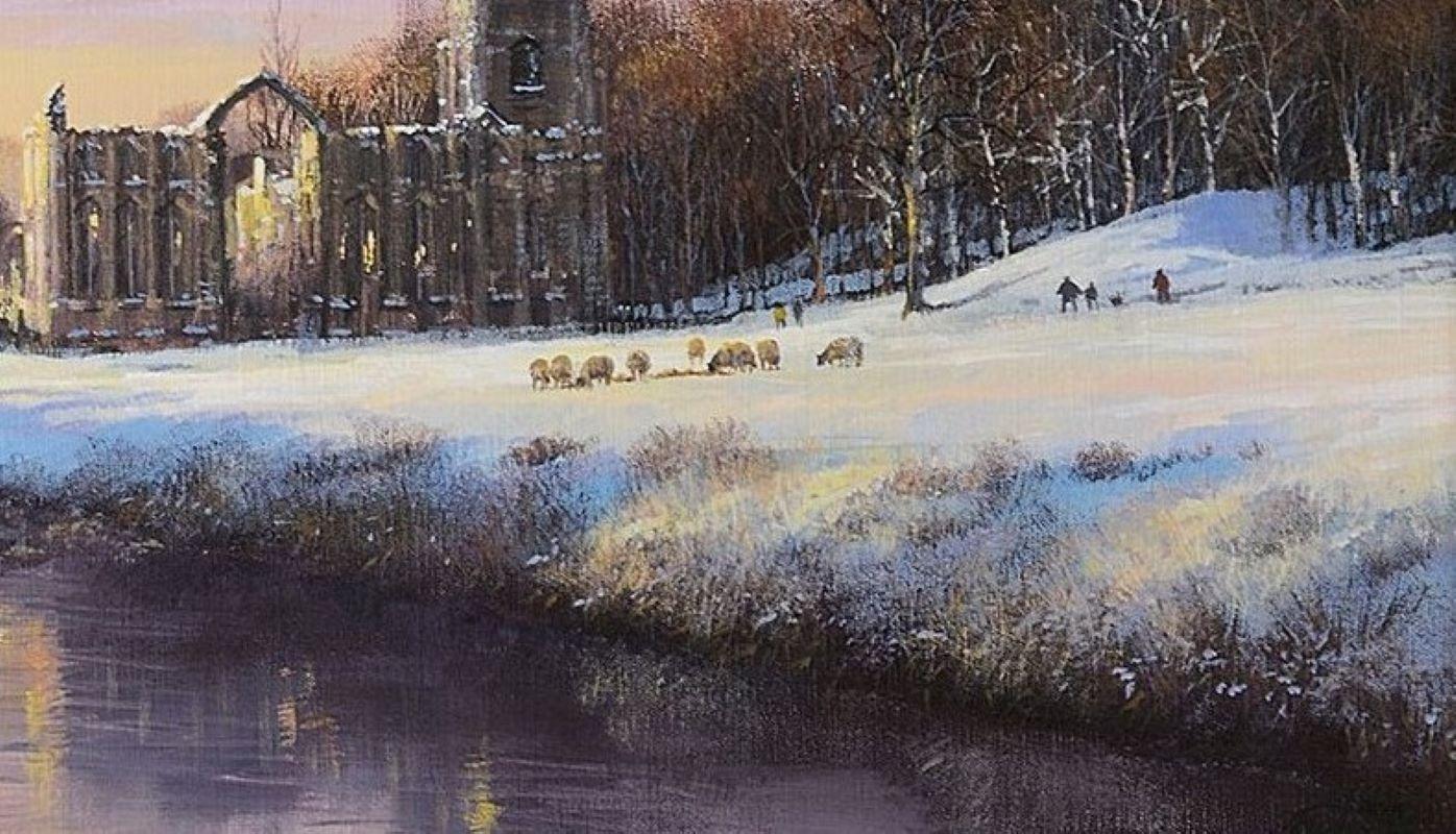 A fine winter scene depicting the stunning Fountains Abbey in North Yorkshire. snowy parkland with sheep
and visitors walking in the grounds.By Clive Madgwick
oil on canvas, signed lower right, framed
size of image 50 x 75cm, overall size 67.5 x