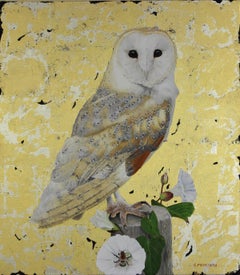 barn owl oil painting Barn Owl and Bindweed - oil and gold leaf barn owl animal contemporary painting