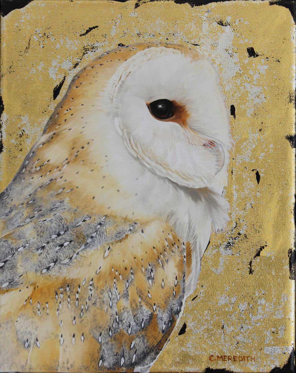 Clive Meredith Animal Painting - Barn Owl portrait - contemporary realistic animal bird wildlife oil painting