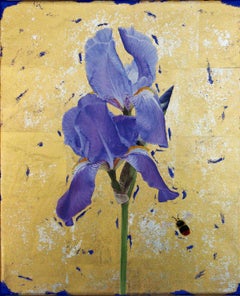 Bearded Iris and Bumble Bee - contemporary mixed media floral gold leaf painting