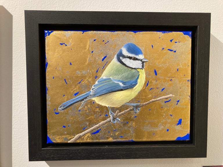 Blue Tit - contemporary mixed media nature bird gold oil painting canvas framed - Contemporary Painting by Clive Meredith
