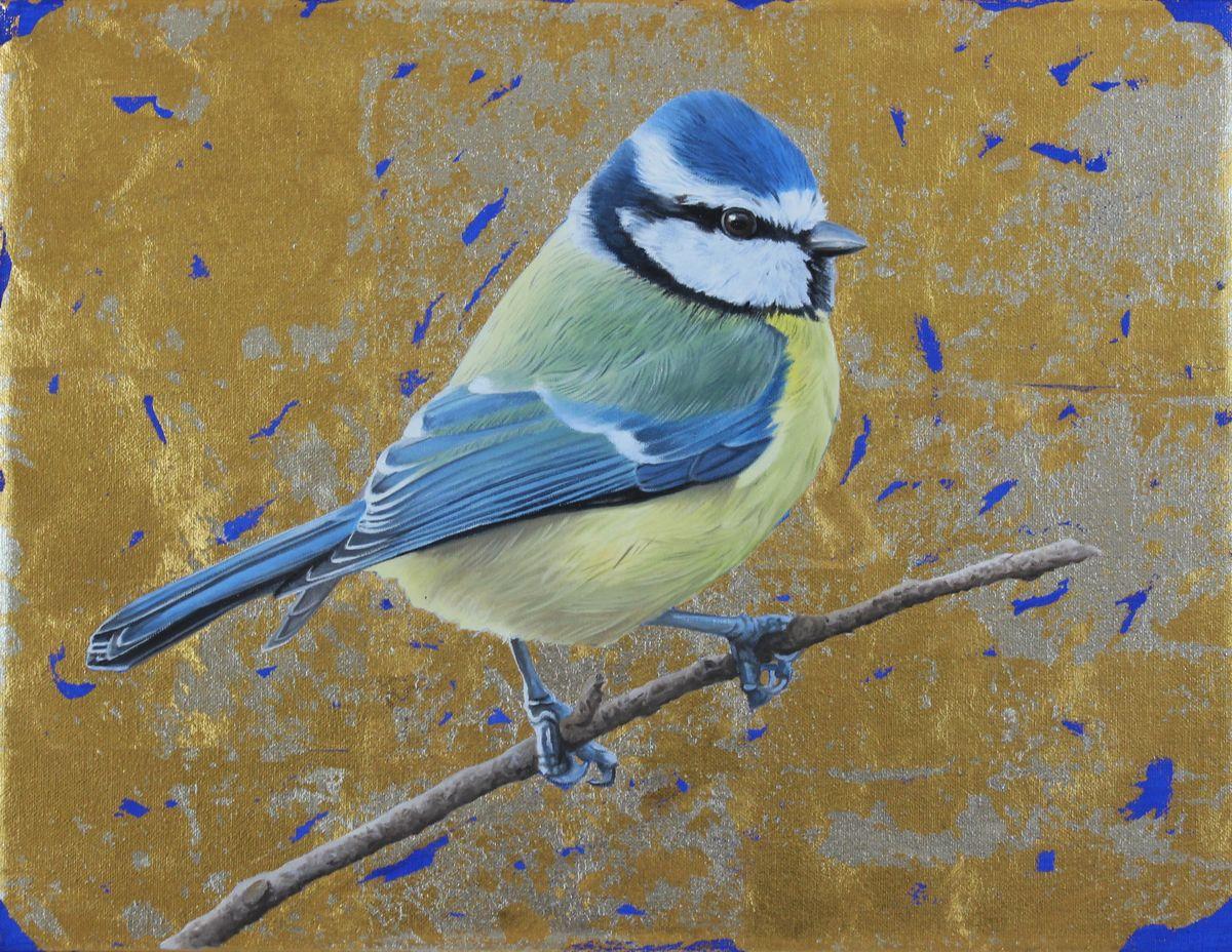 Animal Painting Clive Meredith - Blue Tit - peinture à l'huile contemporaine encadrée sur toile, oiseau et or, technique mixte, nature