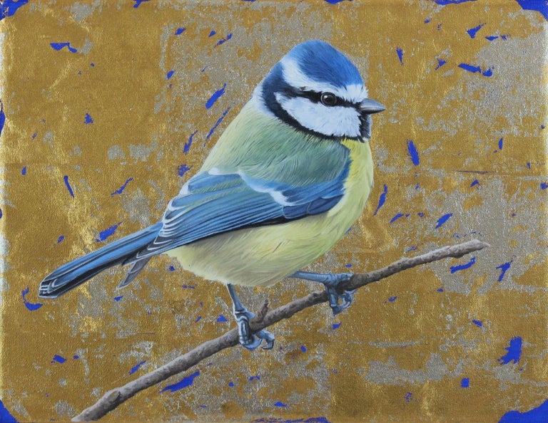 Clive Meredith Animal Painting - Blue Tit - contemporary mixed media nature bird gold oil painting canvas framed
