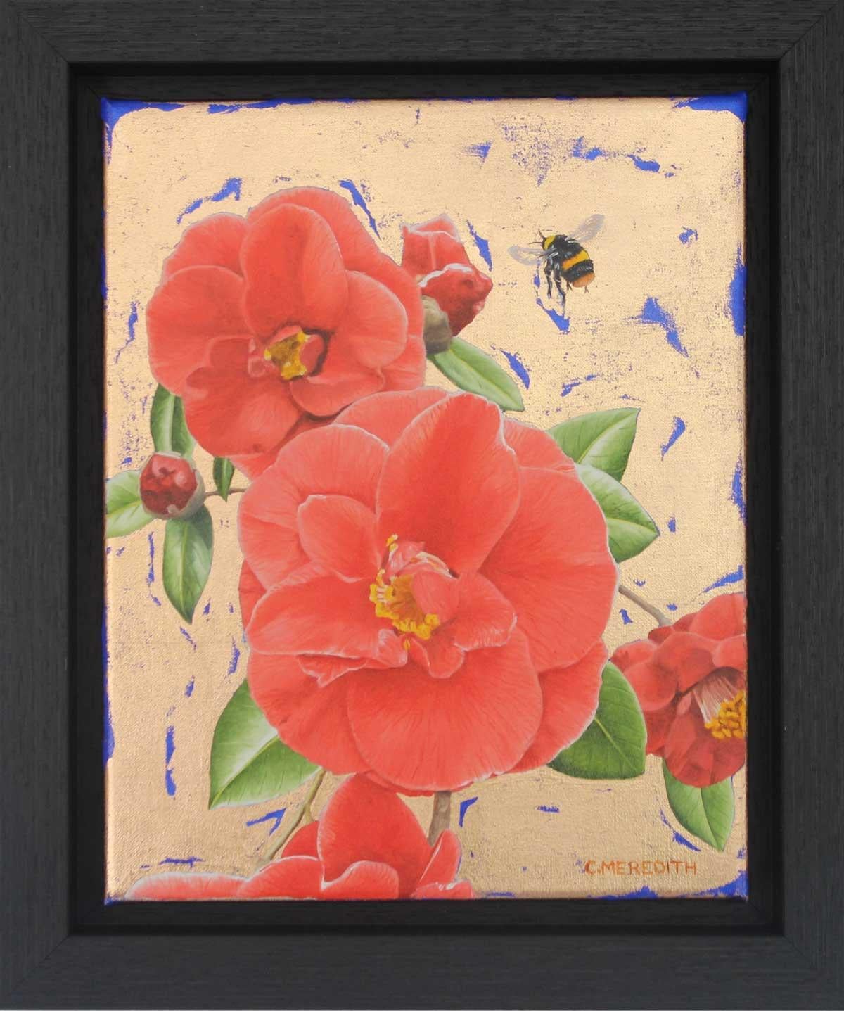 Camellias and Bumblebee - contemporary colourful flower insect gold oil painting - Painting by Clive Meredith