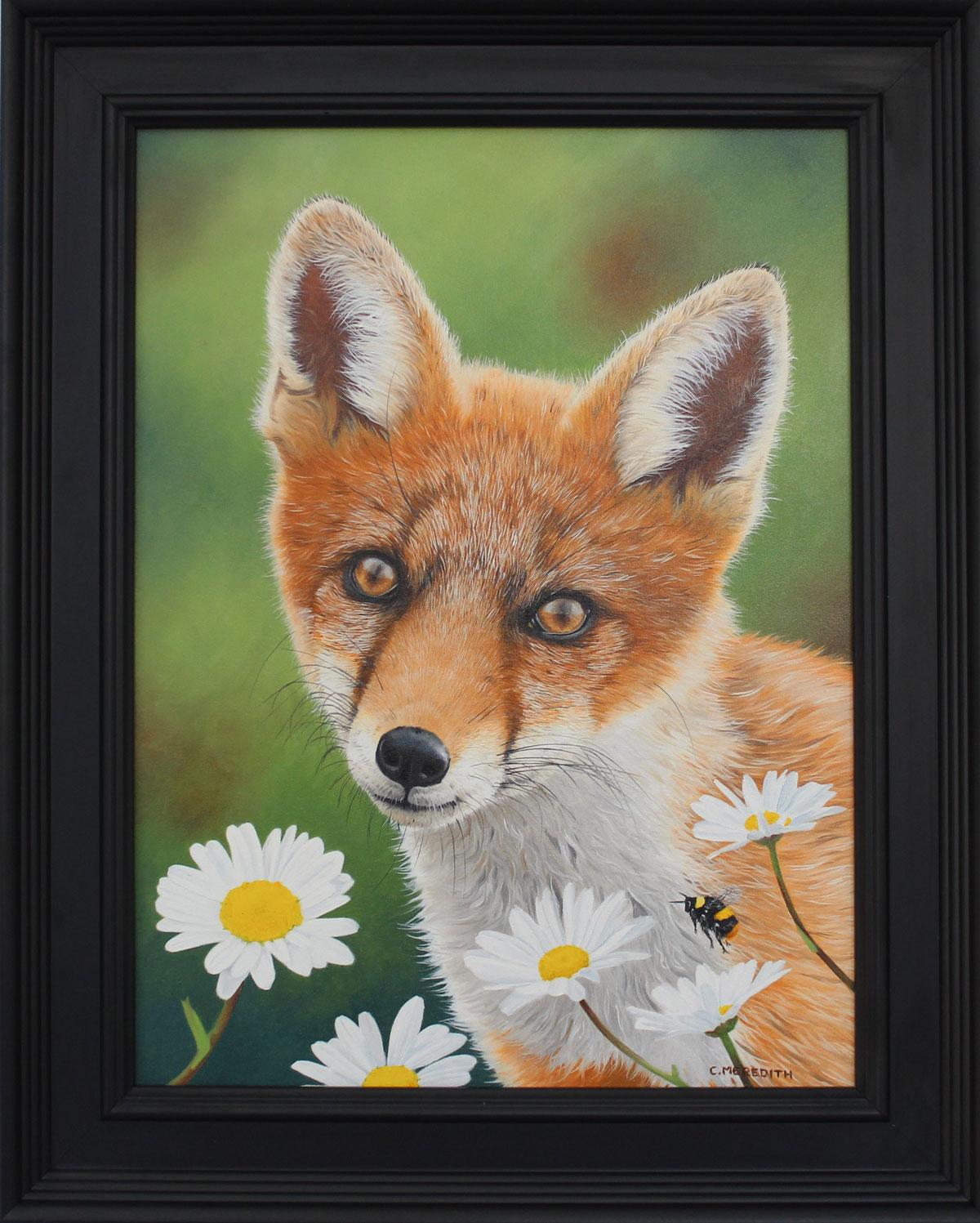 Fox Cub and Daisies - oil fox animal floral contemporary painting - Painting by Clive Meredith