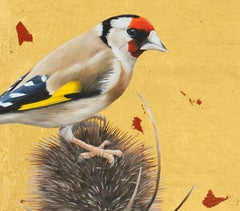 Goldfinch -contemporary gold hyper-realistic bird painting oil on canvas