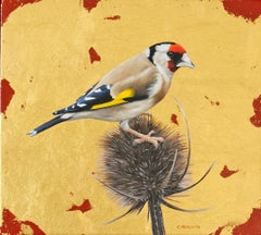 Goldfinch -contemporary gold hyper-realistic bird painting oil on canvas