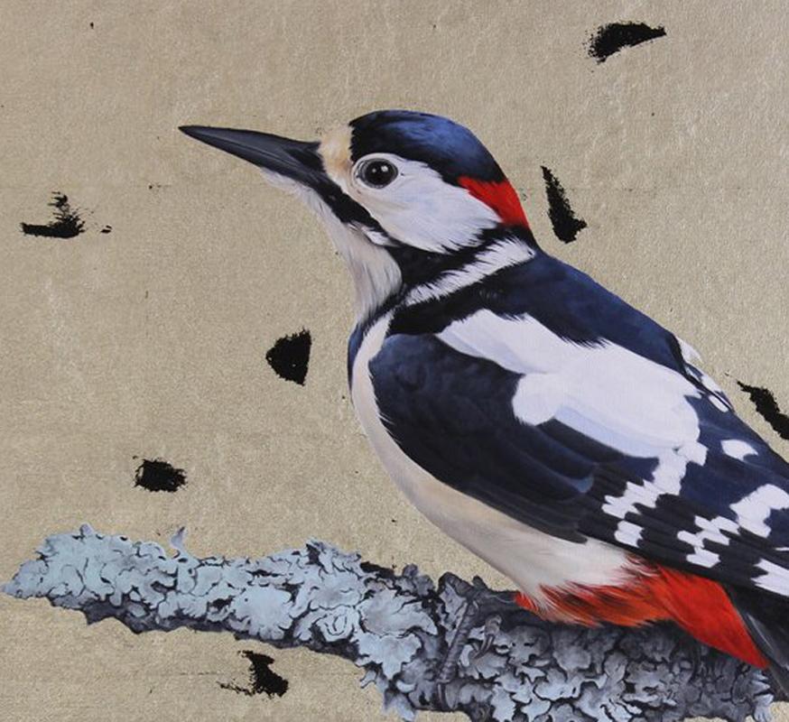 Great Spotted Woodpecker -contemporary hyper-realistic bird oil on canvas - Painting by Clive Meredith