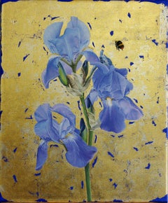 Iris and Early Bumble Bee - contemporary mixed media floral nature painting