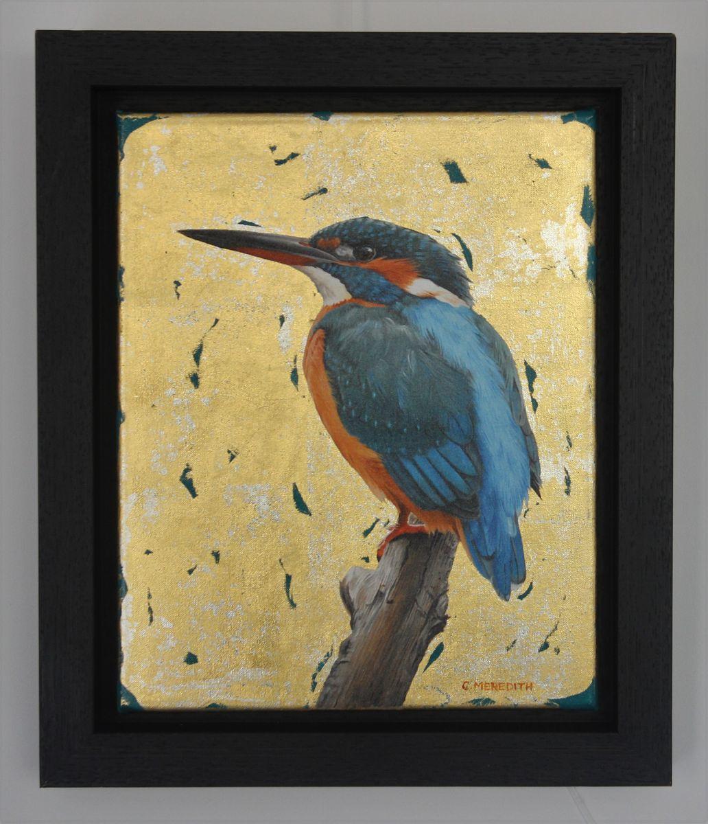 Kingfisher - contemporary mixed media bird animal wildlife framed gold painting  - Painting by Clive Meredith
