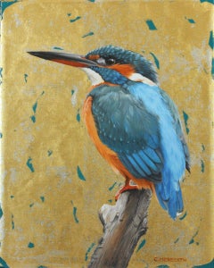 Kingfisher - peinture contemporaine encadrée en or encadrée d'oiseaux et d'animaux sauvages en techniques mixtes 