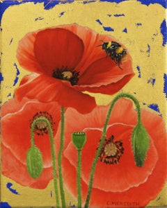 Poppies and Early Bumblebee - oil and gold leaf poppies contemporary painting