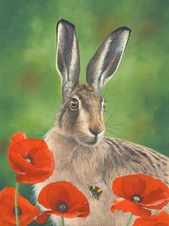 Poppyfield Hare - oil hare animal floral contemporary painting