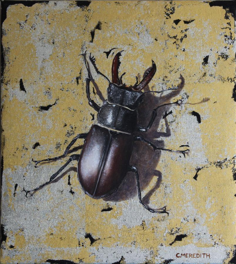 Clive Meredith Animal Painting - Stag Beetle - oil and gold leaf insect contemporary painting