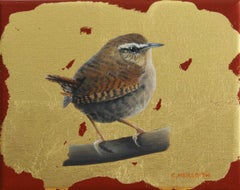 Wren - contemporary illustrative animal bird gold oil painting framed