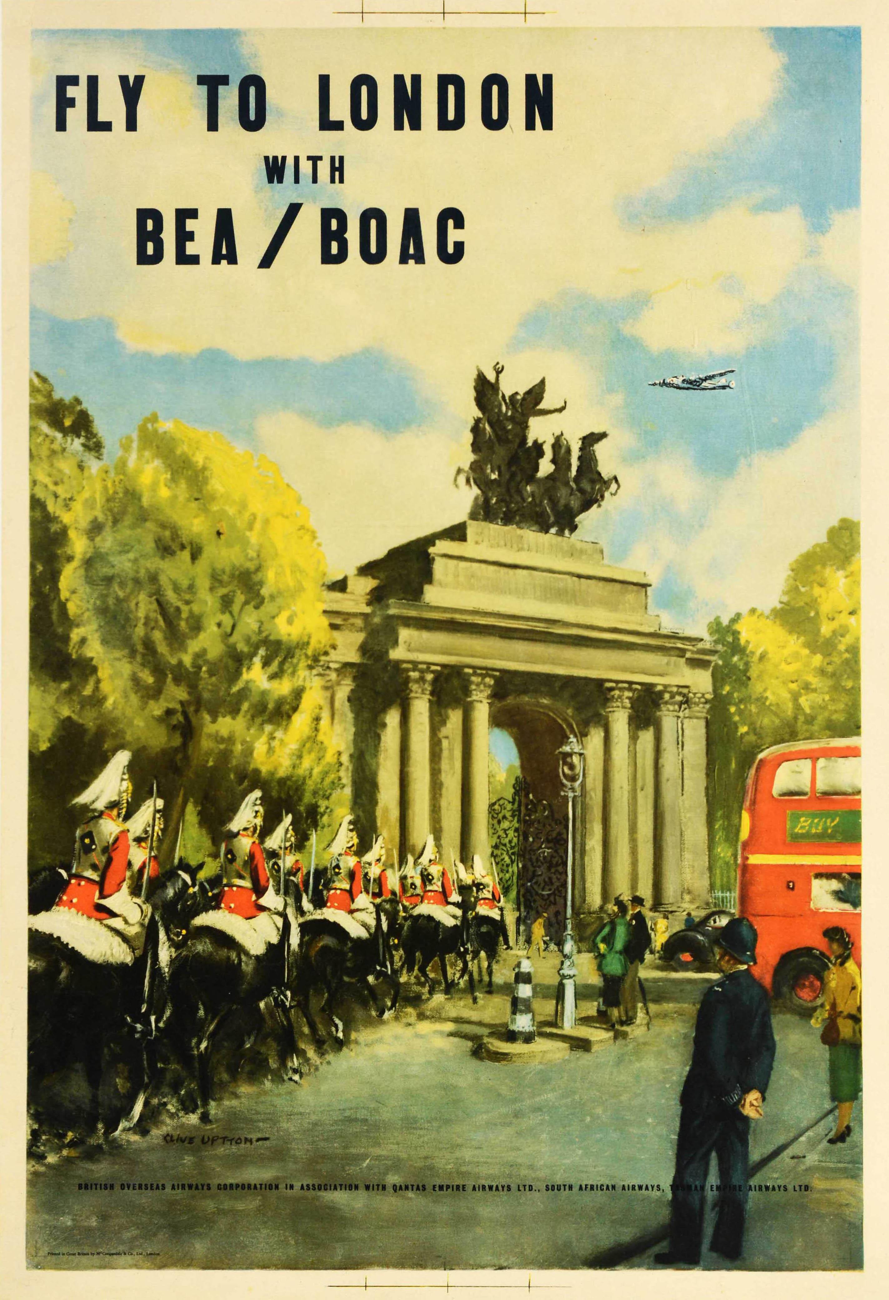 Clive Uptton Print - Original Vintage Travel Poster London Fly BEA BOAC Wellington Arch Horse Guards