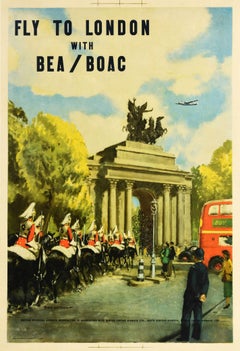 Original Retro Travel Poster London Fly BEA BOAC Wellington Arch Horse Guards