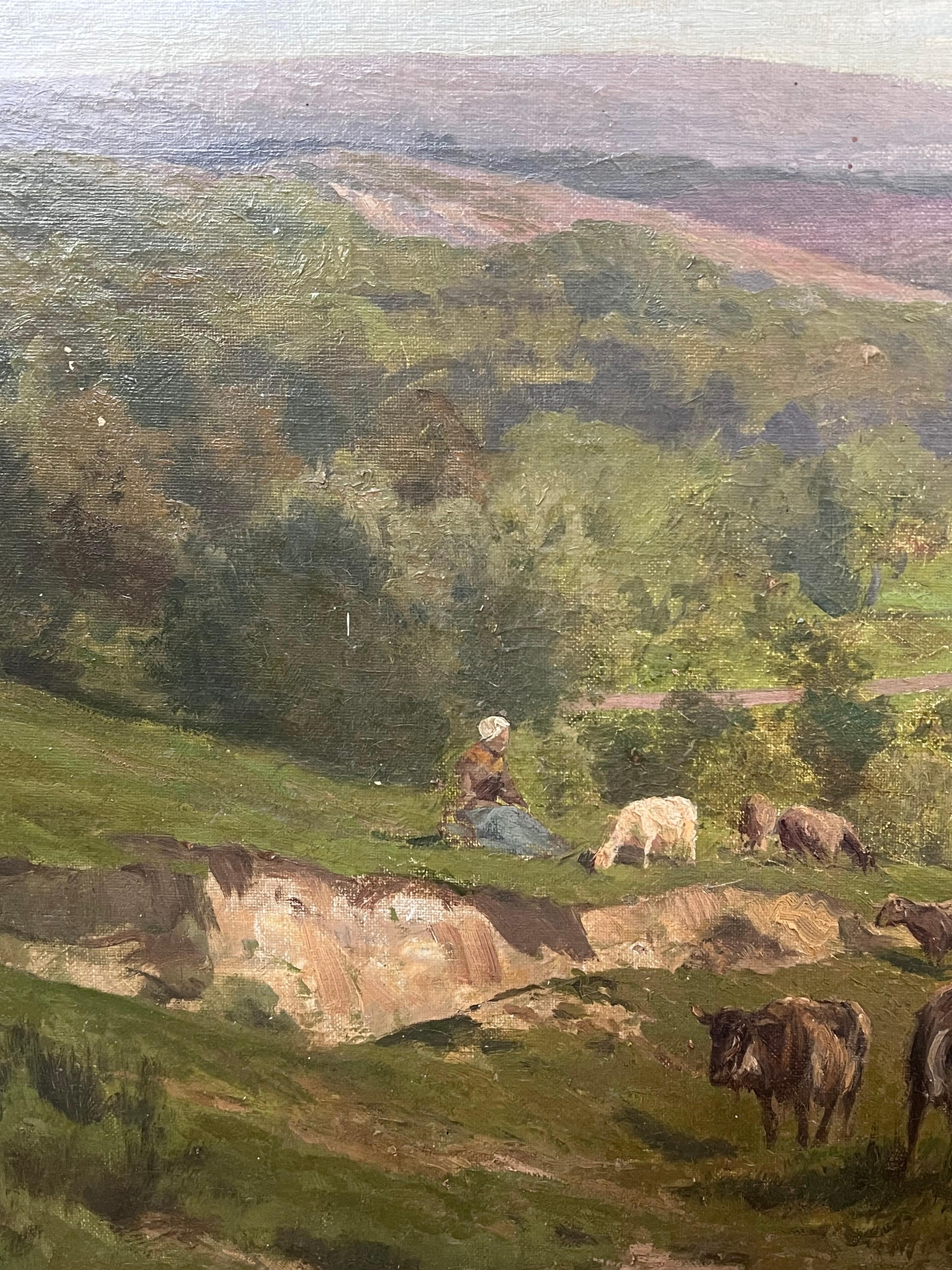 Enorme paisaje pastoral francés del siglo XIX Paisaje panorámico ganadero y figuras - Painting Escuela francesa de Clément QUINTON (1851-1920)