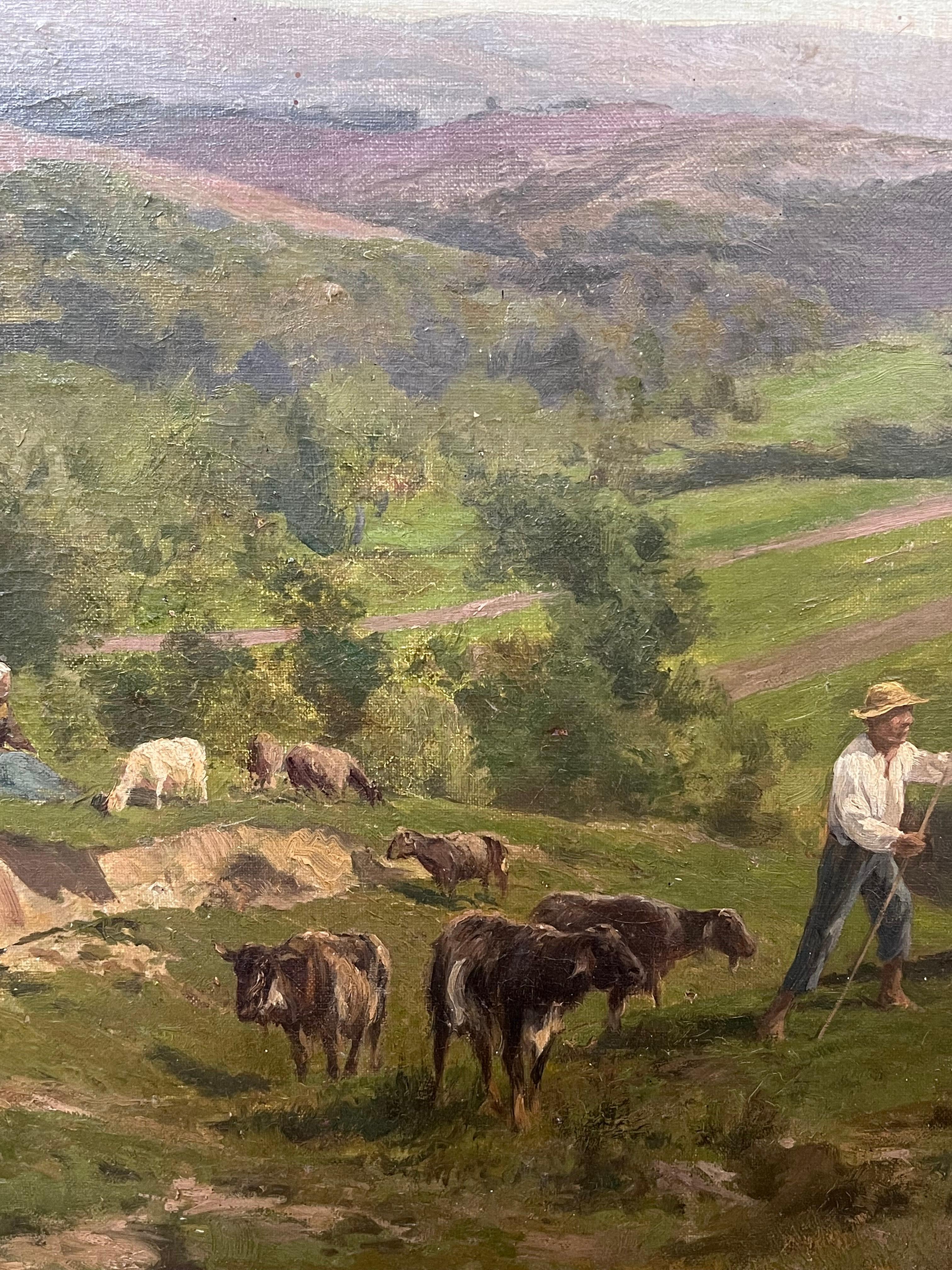 Enorme paisaje pastoral francés del siglo XIX Paisaje panorámico ganadero y figuras - Landscape Painting Gris de Clément QUINTON (1851-1920)