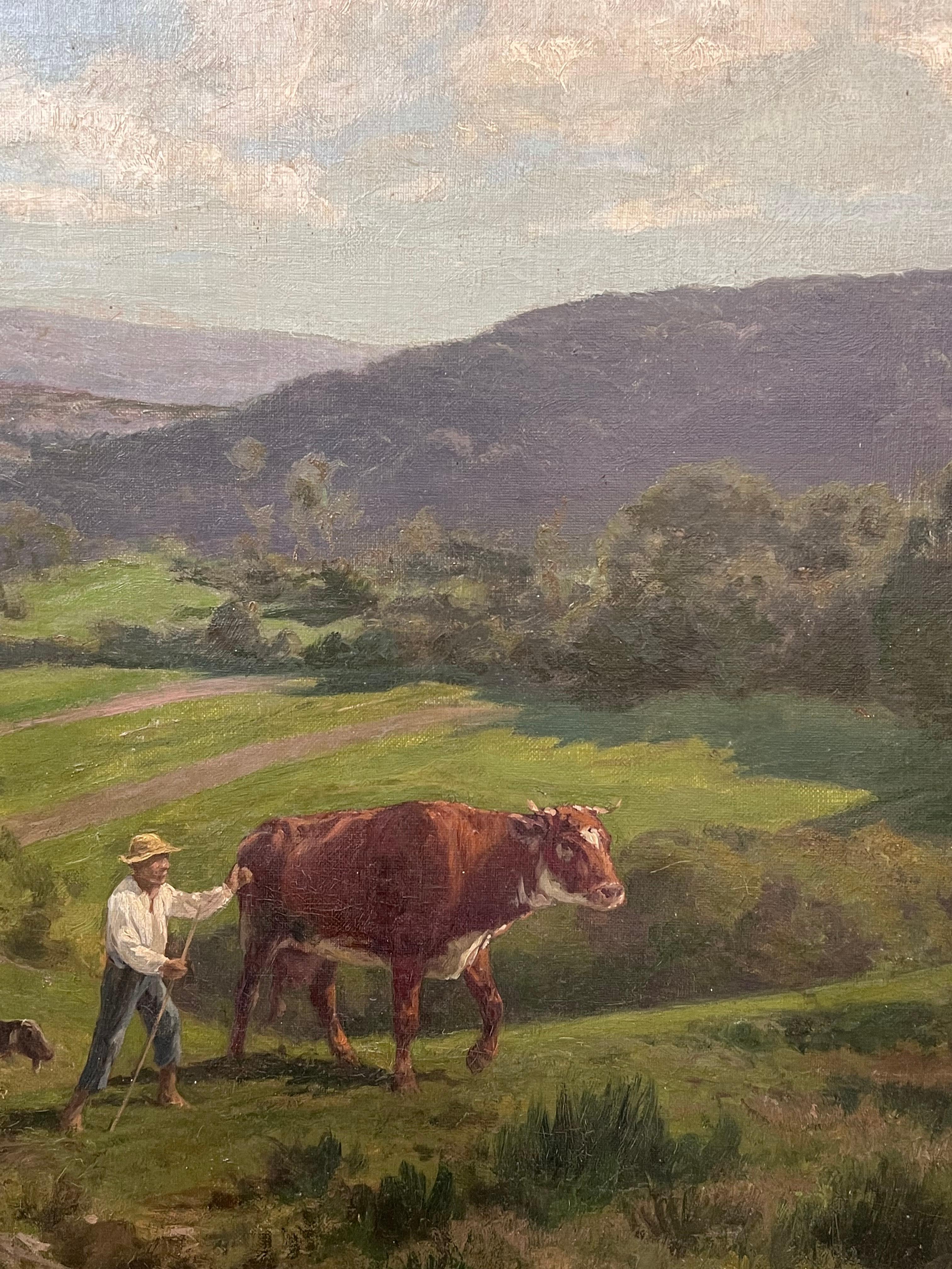 Enorme paisaje pastoral francés del siglo XIX Paisaje panorámico ganadero y figuras 4