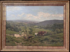 Grand paysage pastoral français du 19ème siècle Cattle Panoramic Landscape & Figures