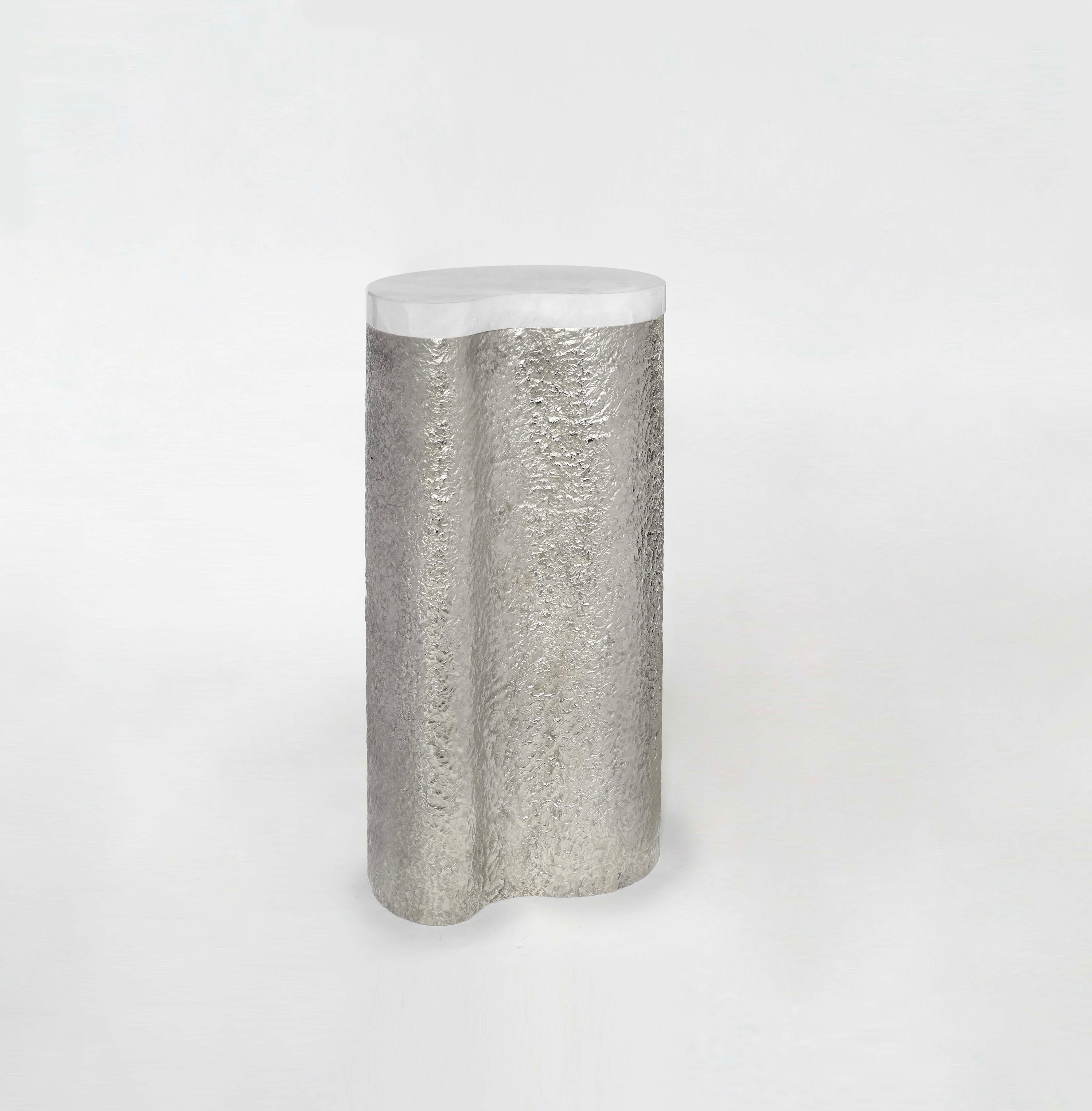 Cloud form rock crystal side table with the hammered nickel base. Created by Phoenix gallery, NYC. 
Custom size, finish, and quantity upon request.