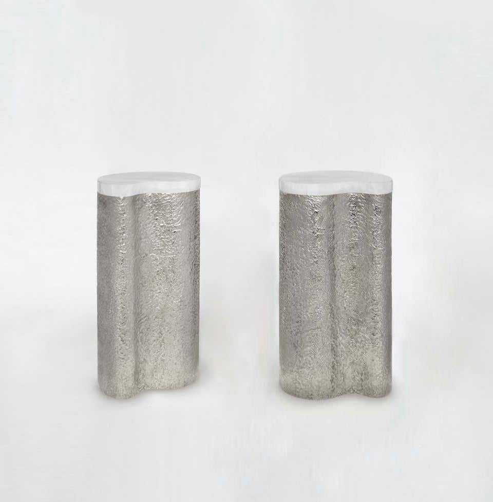 Cloud form rock crystal side tables with the hammered nickel bases. Created by Phoenix gallery, NYC. 
Custom size, finish, and quantity upon request.