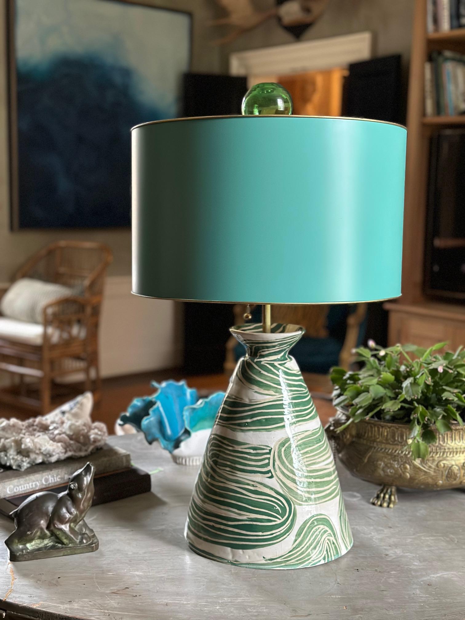 American Cloche-form Ceramic Lamp in meandering green stripe  For Sale