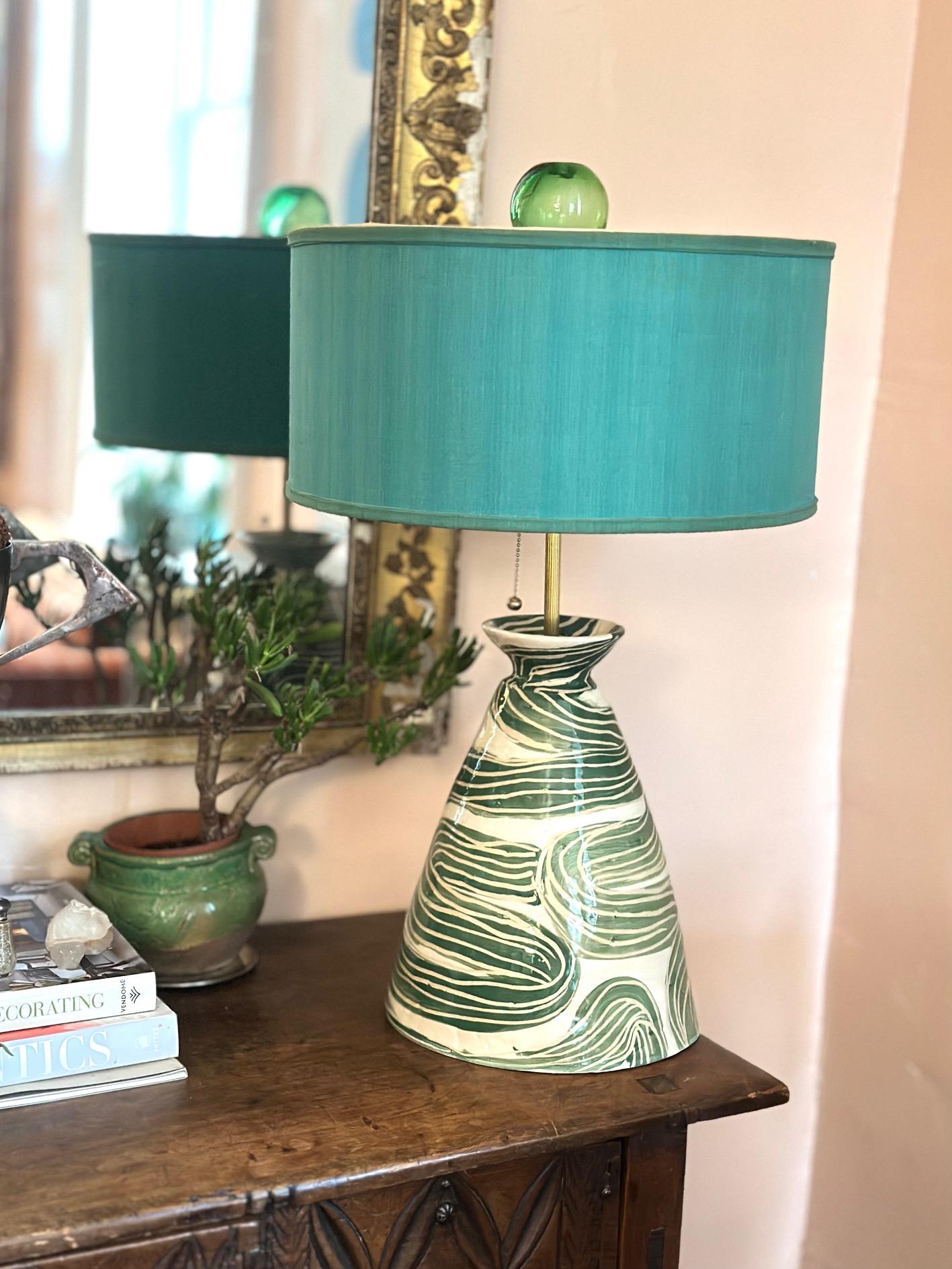 Hand-Crafted Cloche-form Ceramic Lamp in meandering green stripe  For Sale