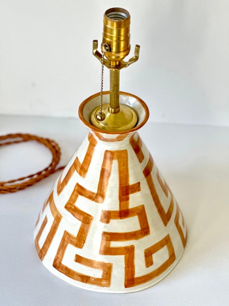 American Cloche-form hand painted ceramic lamp in geometric brown For Sale