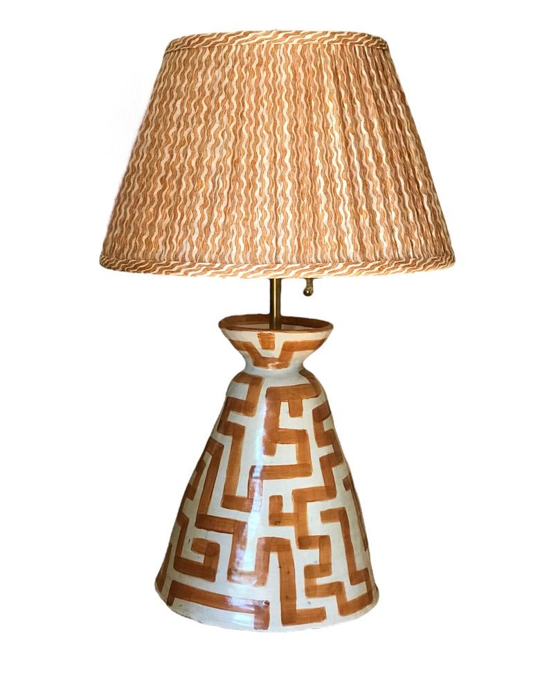 Contemporary Cloche-form hand painted ceramic lamp in geometric brown For Sale