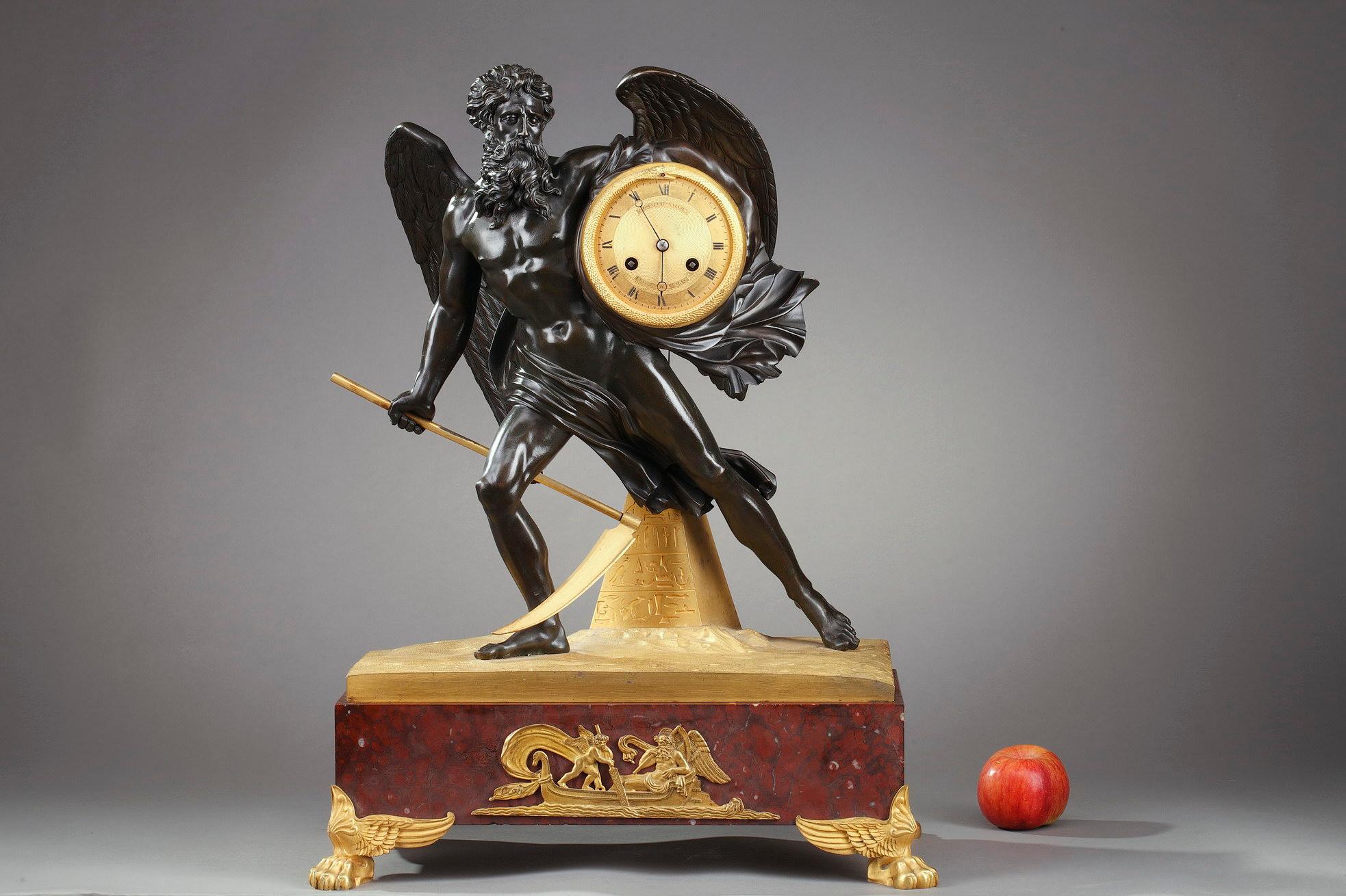Large clock with bronze sculpture featuring the allegorical figure of Time as a winged and bearded old man carrying the ormolu dial under his arm. In the other hand he holds the scythe, the attribute of the Grim Reaper and symbol of Death. He is
