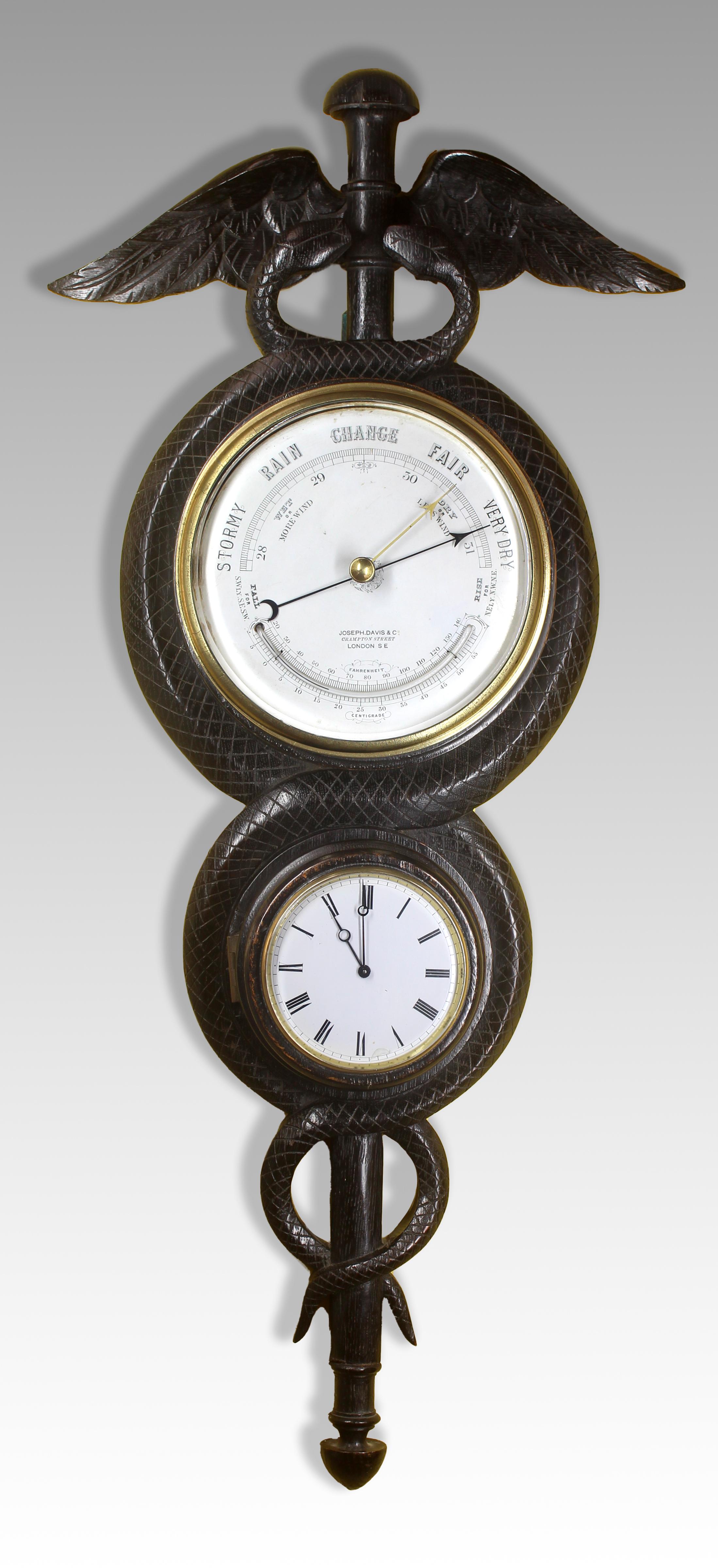 Victorian Clock and Barometer in the Shape of a Caduceus For Sale