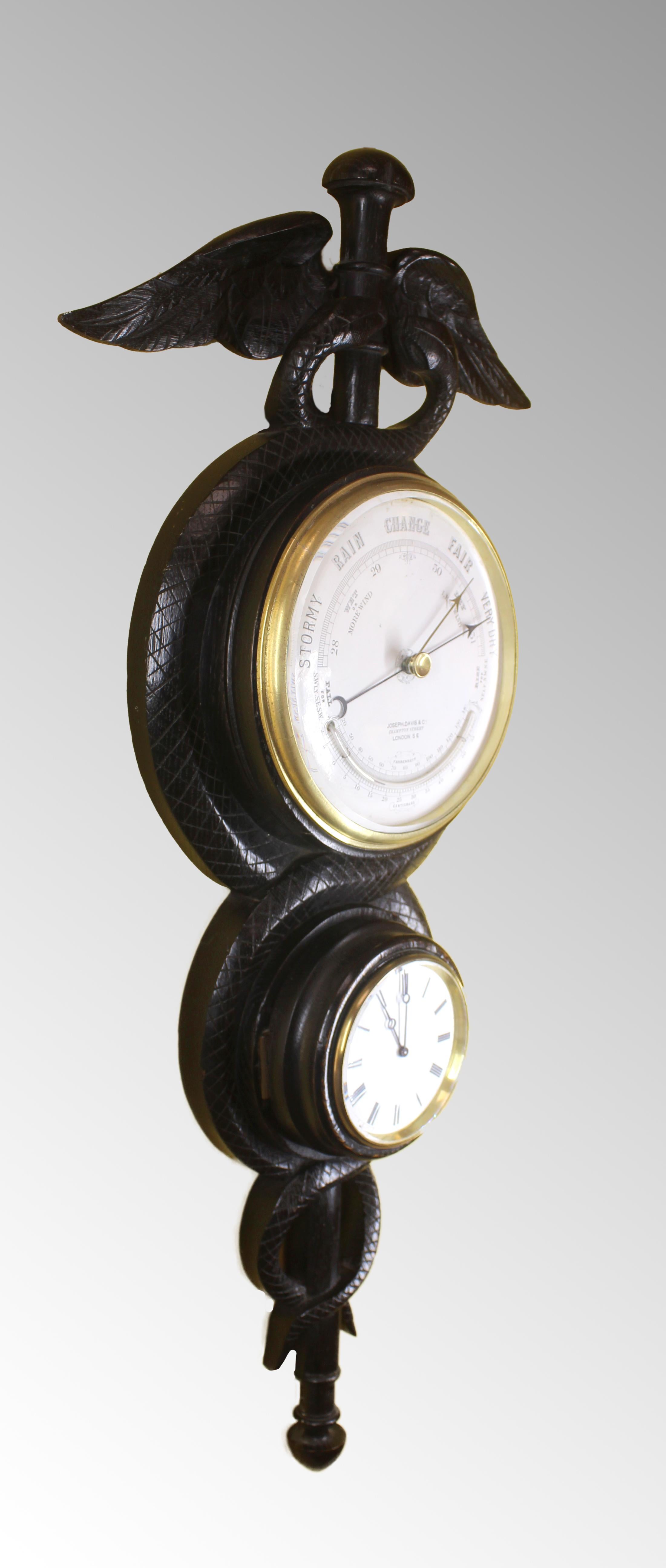 English Clock and Barometer in the Shape of a Caduceus For Sale