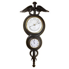 Retro Clock and Barometer in the Shape of a Caduceus