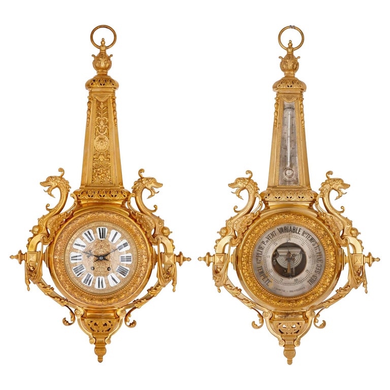 Clock and Barometer Set in Gilt Bronze by Beurdeley at 1stDibs