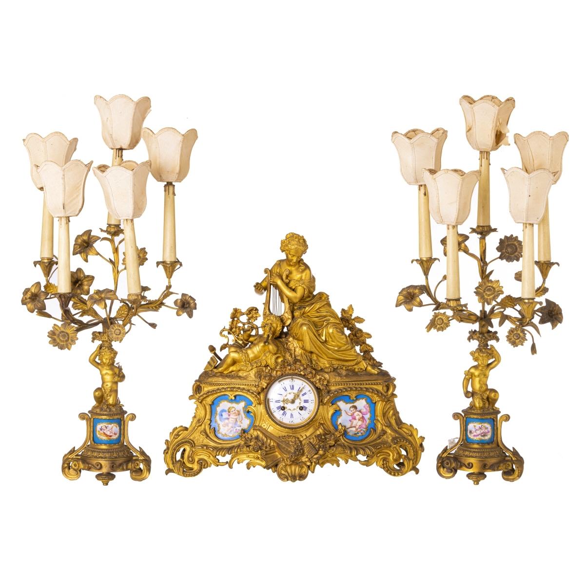 Bronze Clock and Pair of Candlesticks, French 19th Century Napoleon III For Sale