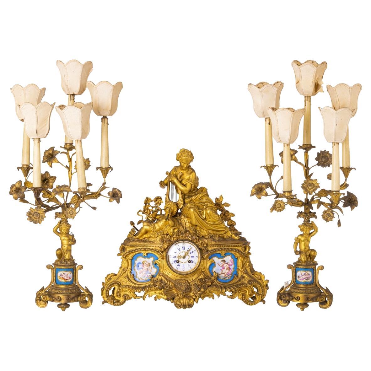 Clock and Pair of Candlesticks, French 19th Century Napoleon III For Sale