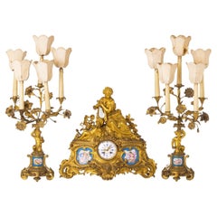 Clock and Pair of Candlesticks, French 19th Century Napoleon III
