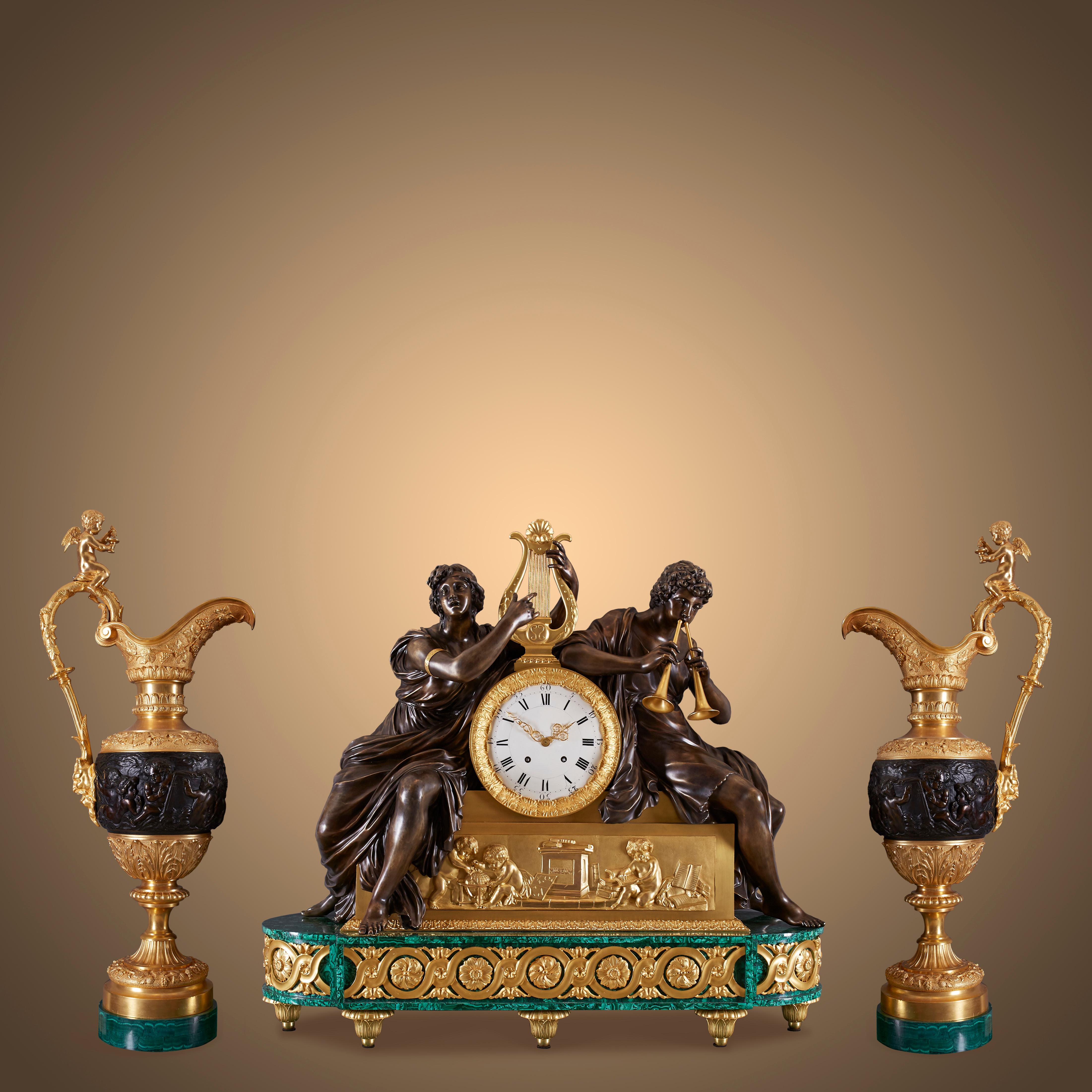 This antique clock set is a luxurious masterpiece, perfect for adding elegance to hotel lobbies, grand living rooms, spacious hallways, and museums. The set comprises a mantel clock and decorative garnitures from the Louis Philippe I and Charles X