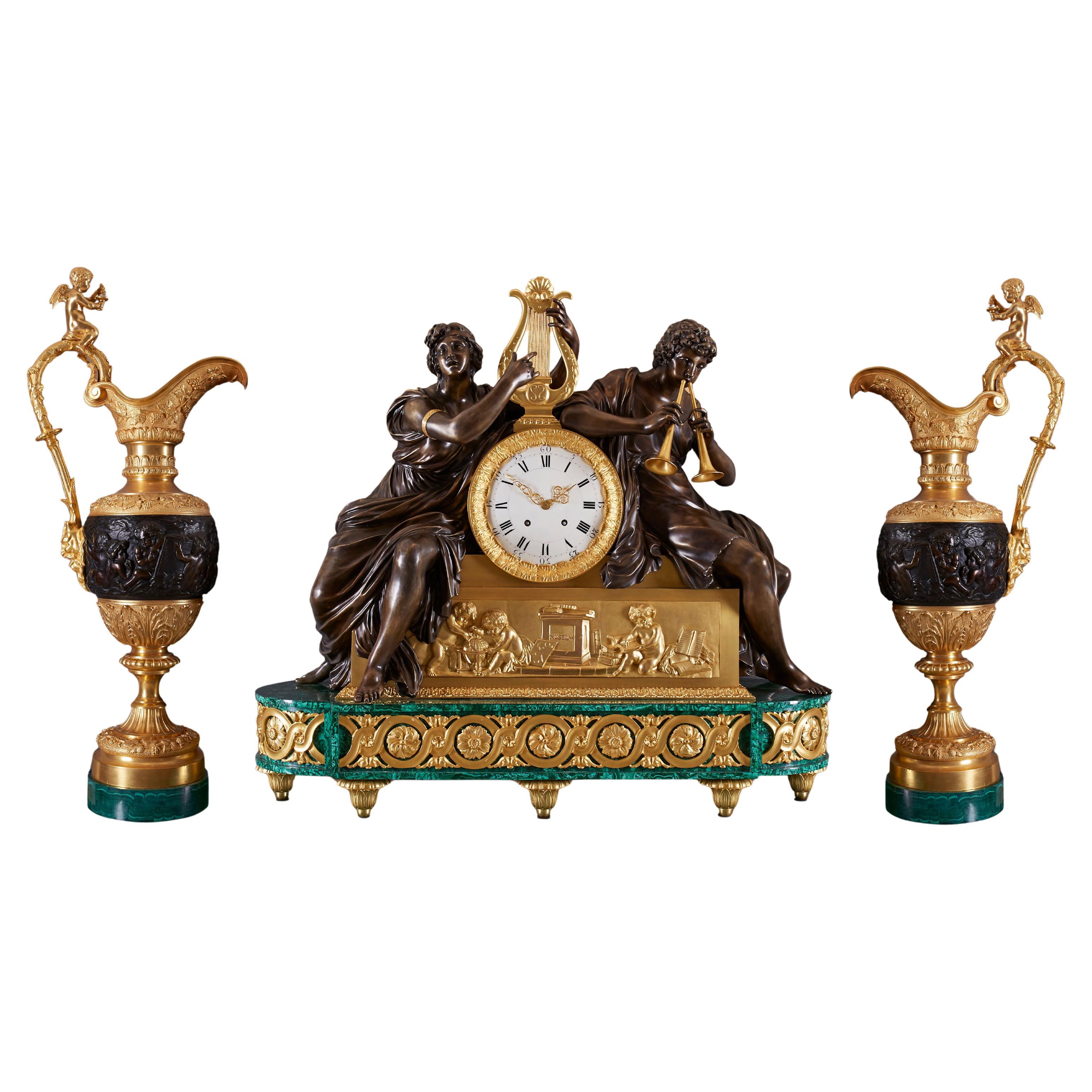 Clock and vase Set 19th Century Louis Philippe Charles X style with 8-song en vente