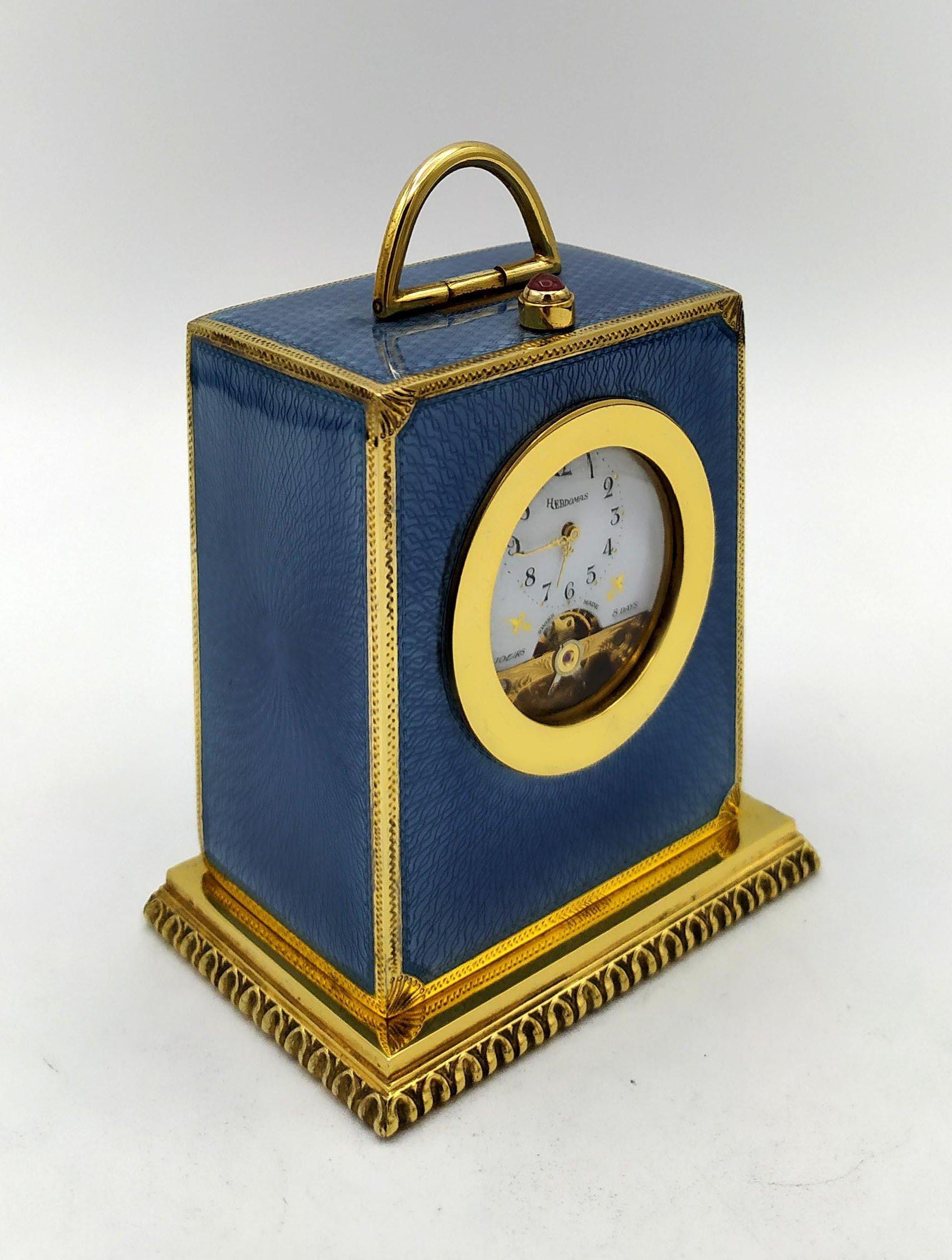 Italian Clock Blue Enamel on Guilloche Sterling Silver Salimbeni 