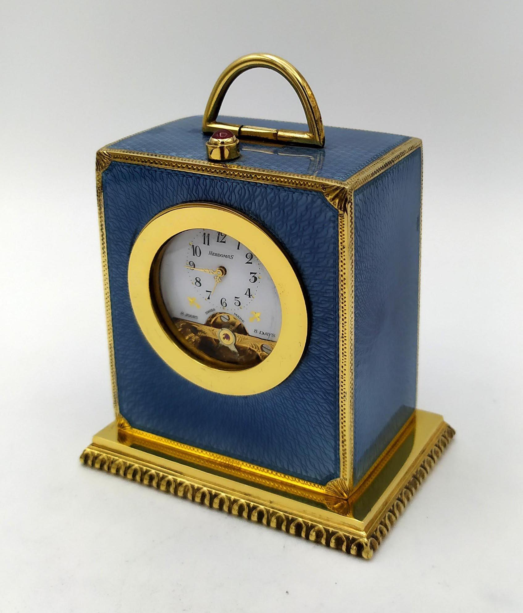 Engraved Clock Blue Enamel on Guilloche Sterling Silver Salimbeni 