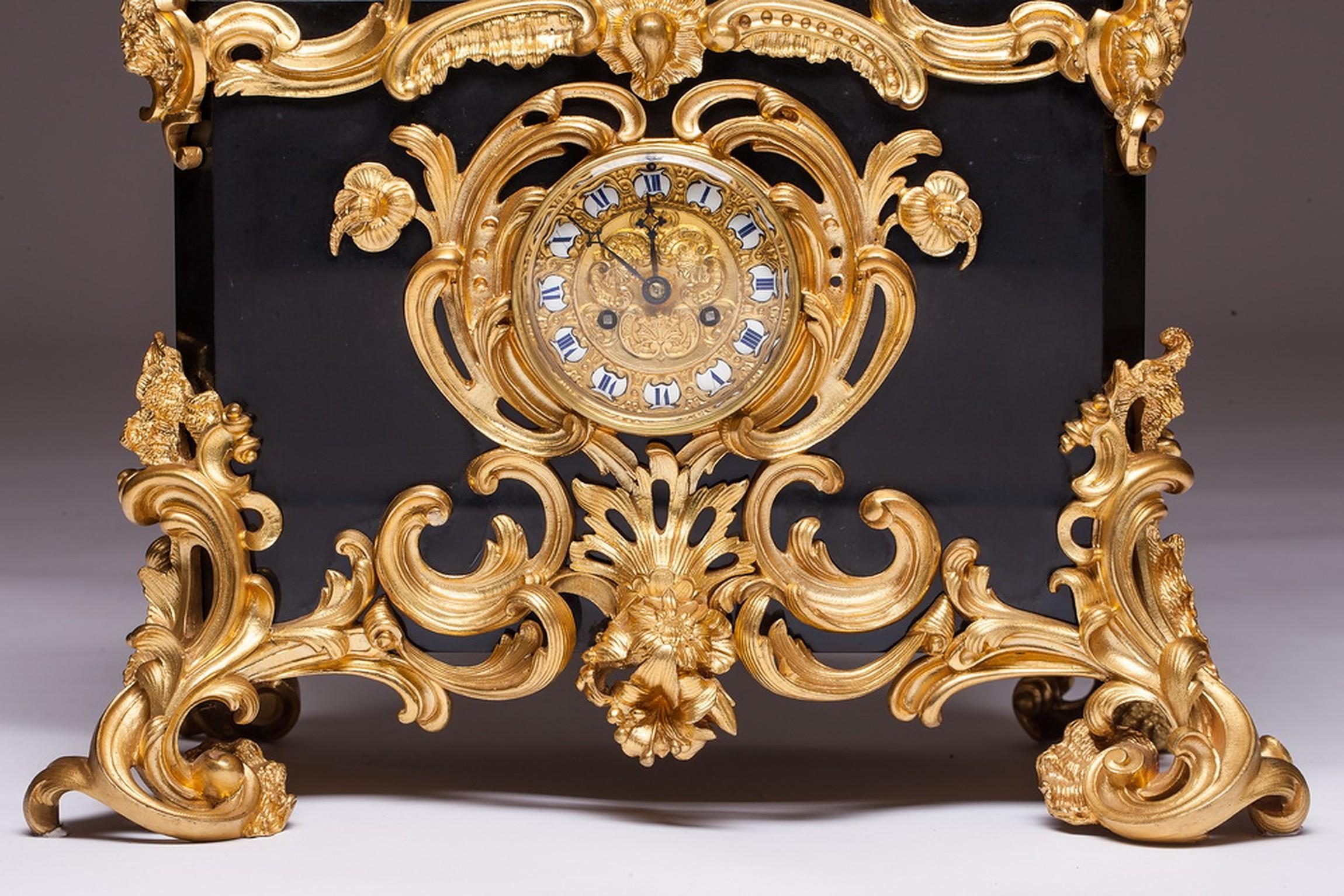 Gilt Clock by Deniere A Paris and Cailleaux Antique Bronze and Marble Mantel Clock For Sale