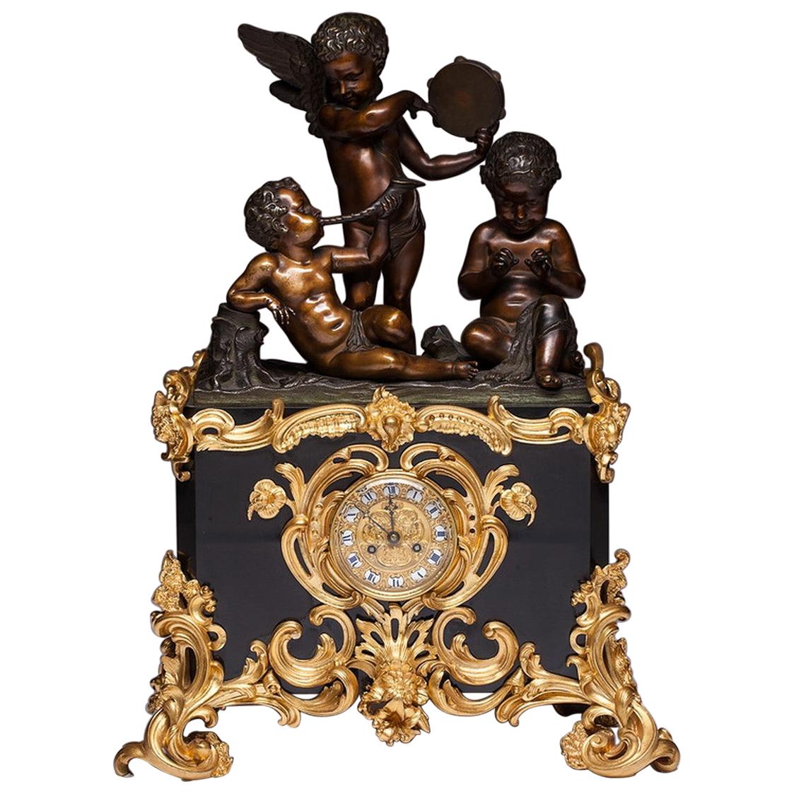 Clock by Deniere A Paris and Cailleaux Antique Bronze and Marble Mantel Clock For Sale