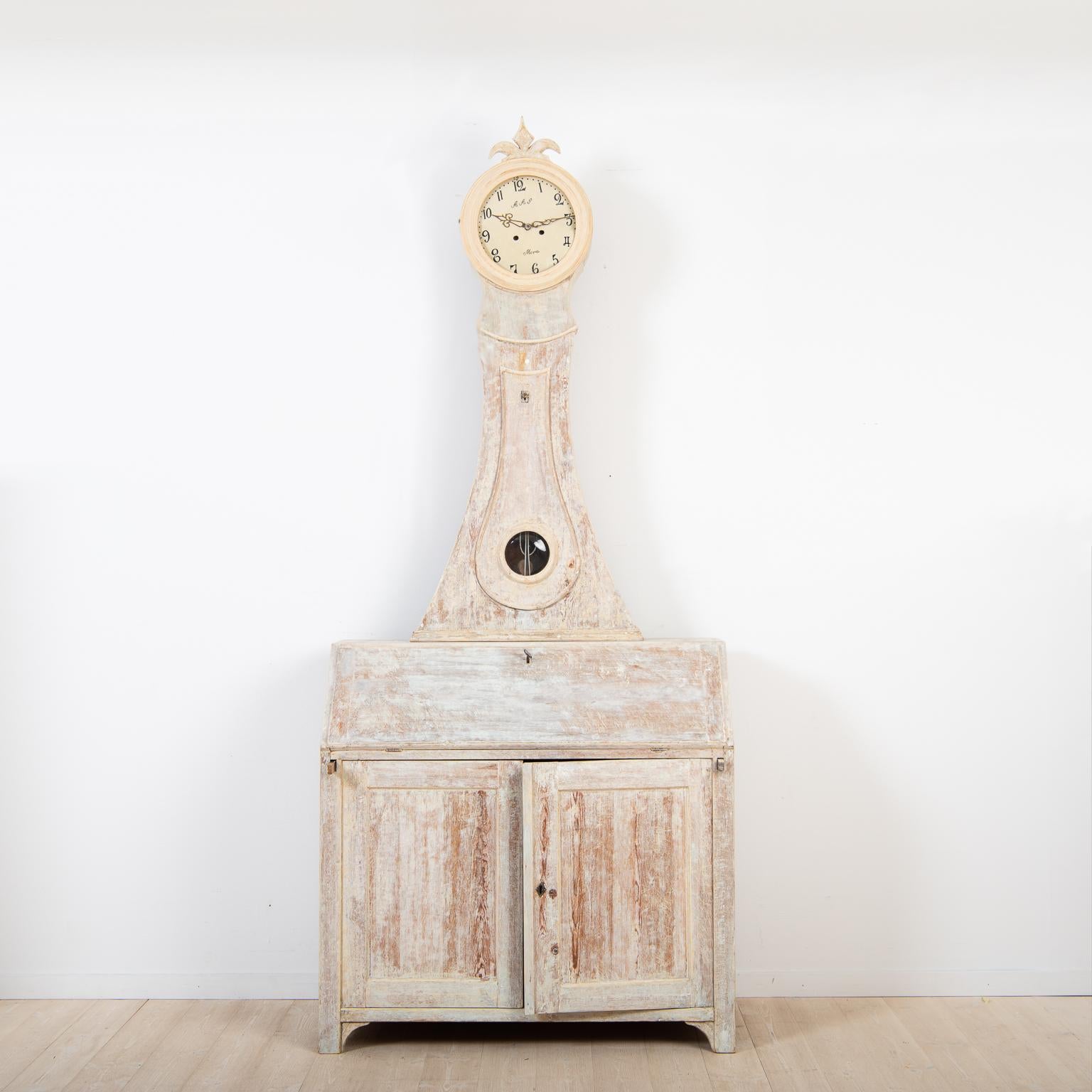 Folk Art Clock Cabinet with Writers Flap from Northern Sweden